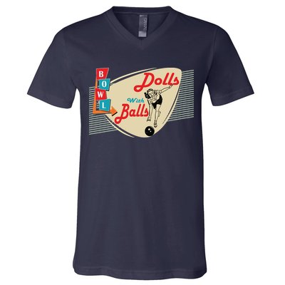 Womens Dolls With Balls Vintage Retro Matching Bowling Team V-Neck T-Shirt