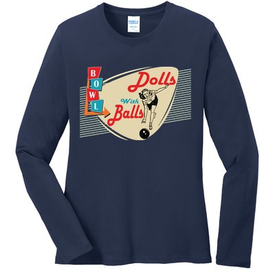 Womens Dolls With Balls Vintage Retro Matching Bowling Team Ladies Long Sleeve Shirt