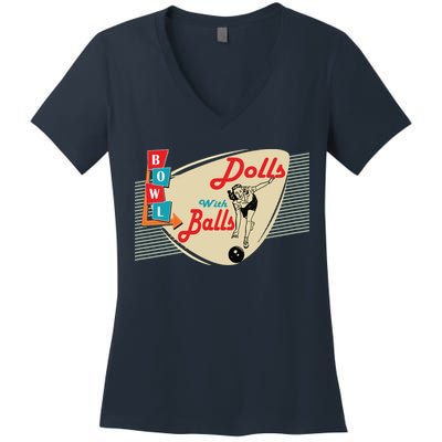 Womens Dolls With Balls Vintage Retro Matching Bowling Team Women's V-Neck T-Shirt