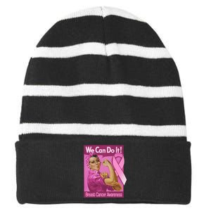 We Can Do It Fight Breast Cancer Striped Beanie with Solid Band