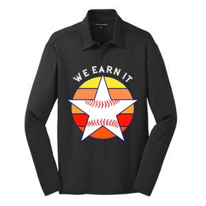 We Earn It Houston Throwback Baseball Star Silk Touch Performance Long Sleeve Polo