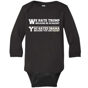 We Hate Trump Because He is Racist. You Hated Obama Because You Are Racist Baby Long Sleeve Bodysuit