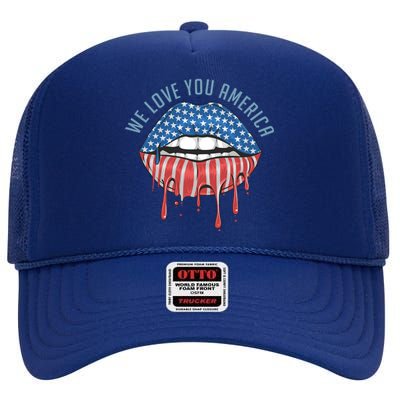 We Love You America Lips High Crown Mesh Back Trucker Hat