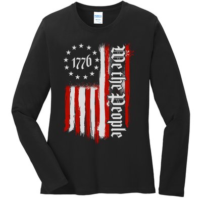 We The People 1776 Distressed USA American Flag Ladies Long Sleeve Shirt