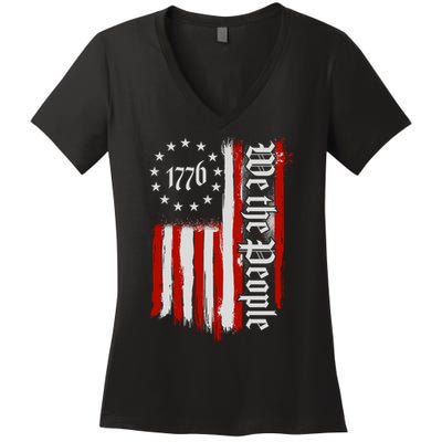 We The People 1776 Distressed USA American Flag Women's V-Neck T-Shirt