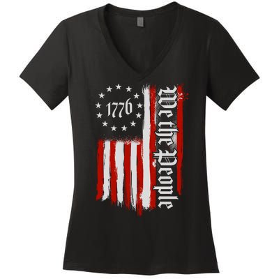 We The People 1776 Distressed USA American Flag Women's V-Neck T-Shirt