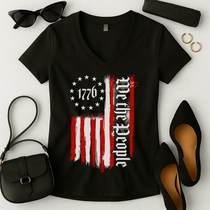 We The People 1776 Distressed USA American Flag Women's V-Neck T-Shirt