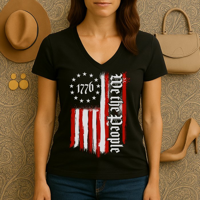 We The People 1776 Distressed USA American Flag Women's V-Neck T-Shirt