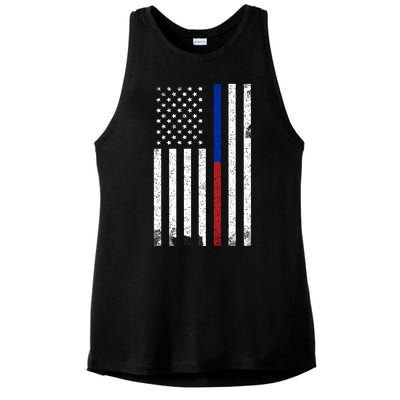 We The People Holsters  American Flag Thin Blue-Red Line Ladies PosiCharge Tri-Blend Wicking Tank