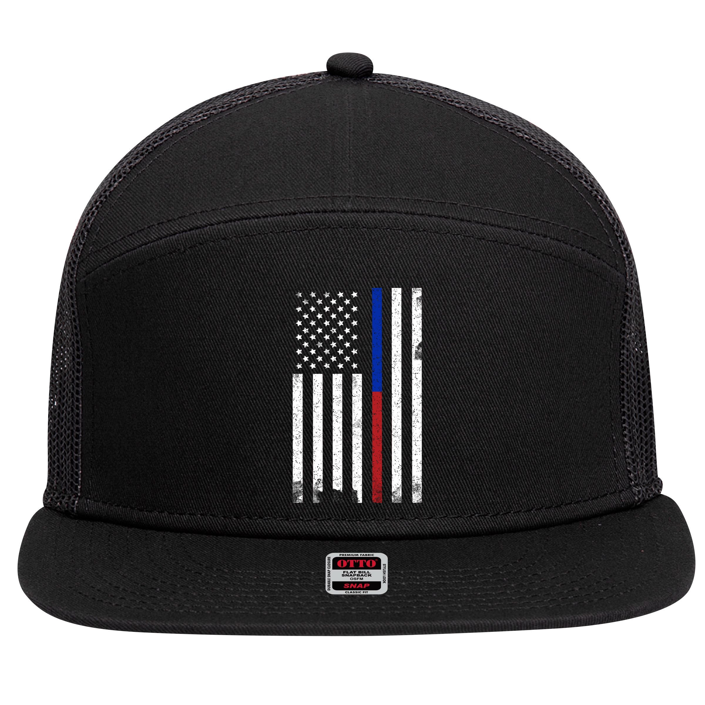We The People Holsters  American Flag Thin Blue-Red Line 7 Panel Mesh Trucker Snapback Hat