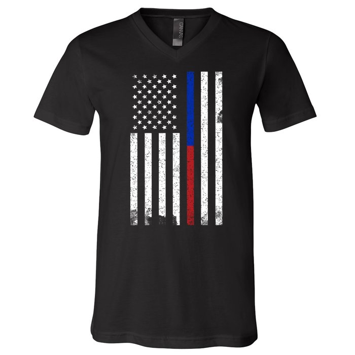 We The People Holsters  American Flag Thin Blue-Red Line V-Neck T-Shirt