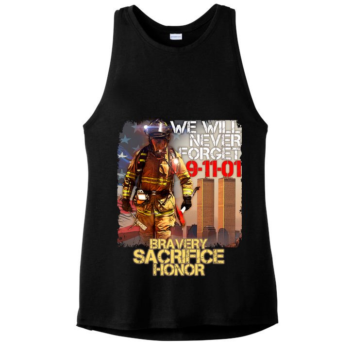 We Will Never Forget Bravery Sacrifice Honor 9-11-01 Ladies PosiCharge Tri-Blend Wicking Tank