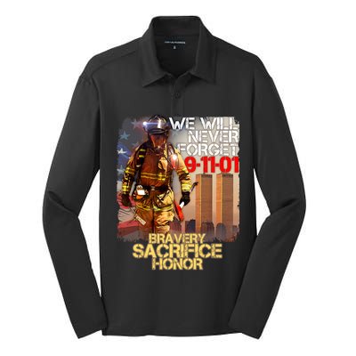 We Will Never Forget Bravery Sacrifice Honor 9-11-01 Silk Touch Performance Long Sleeve Polo