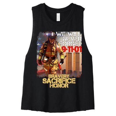 We Will Never Forget Bravery Sacrifice Honor 9-11-01 Women's Racerback Cropped Tank