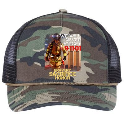 We Will Never Forget Bravery Sacrifice Honor 9-11-01 Retro Rope Trucker Hat Cap