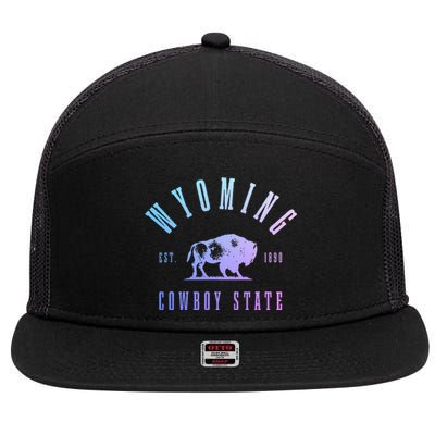 Wyoming Est. 1890 The Cowboy State Bison Vintage Pride 7 Panel Mesh Trucker Snapback Hat