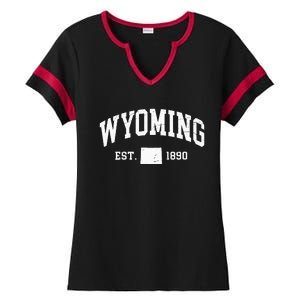 Wyoming Est 1890 Distressed Worn Design Classic Ladies Halftime Notch Neck Tee