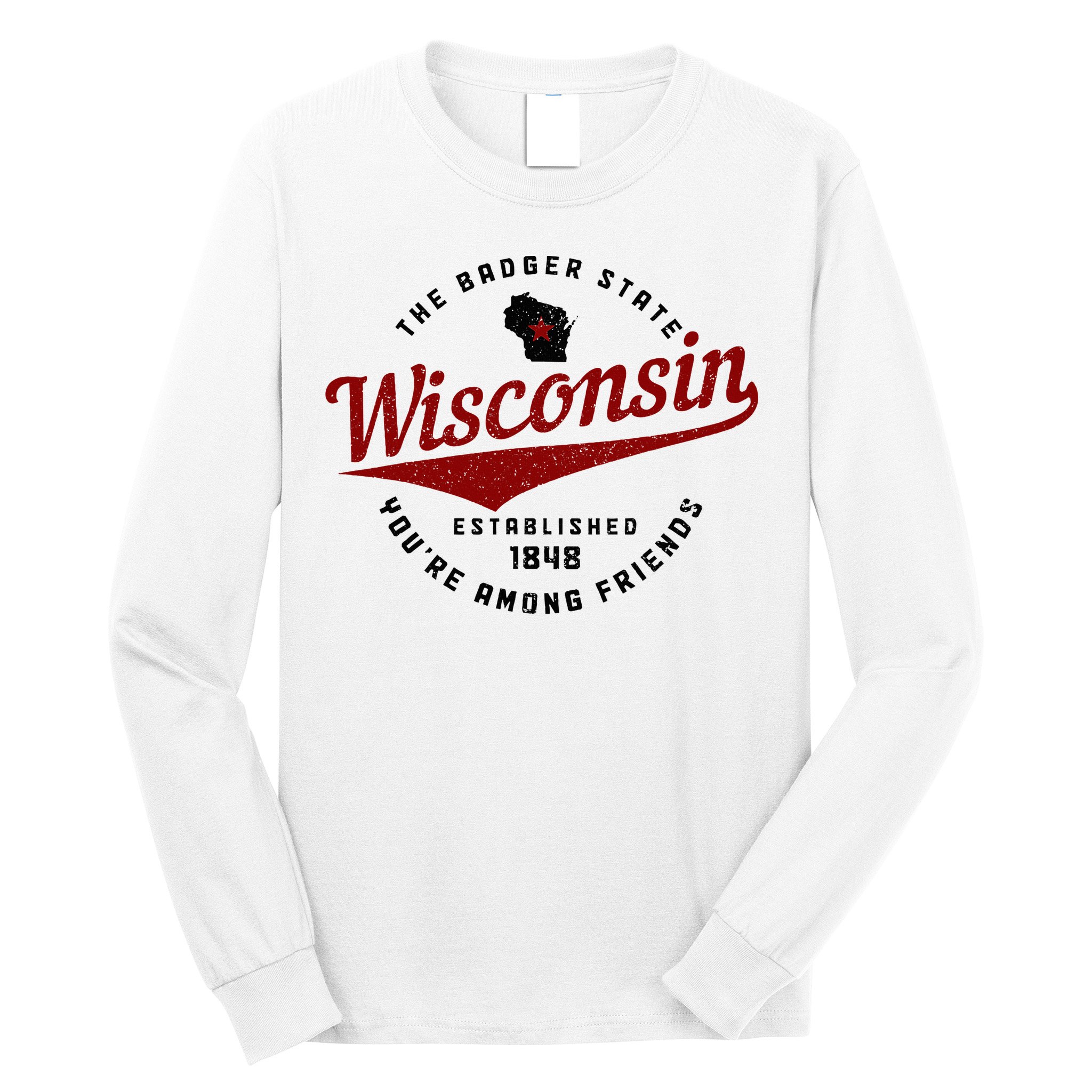 Wisconsin Est. 1848 Badger State Map Pride Vintage Long Sleeve Shirt