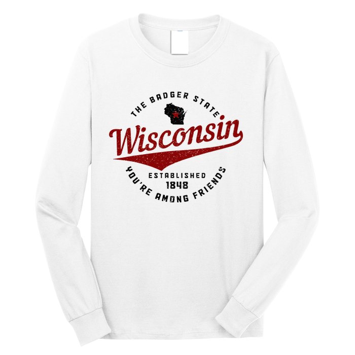 Wisconsin Est. 1848 Badger State Map Pride Vintage Long Sleeve Shirt