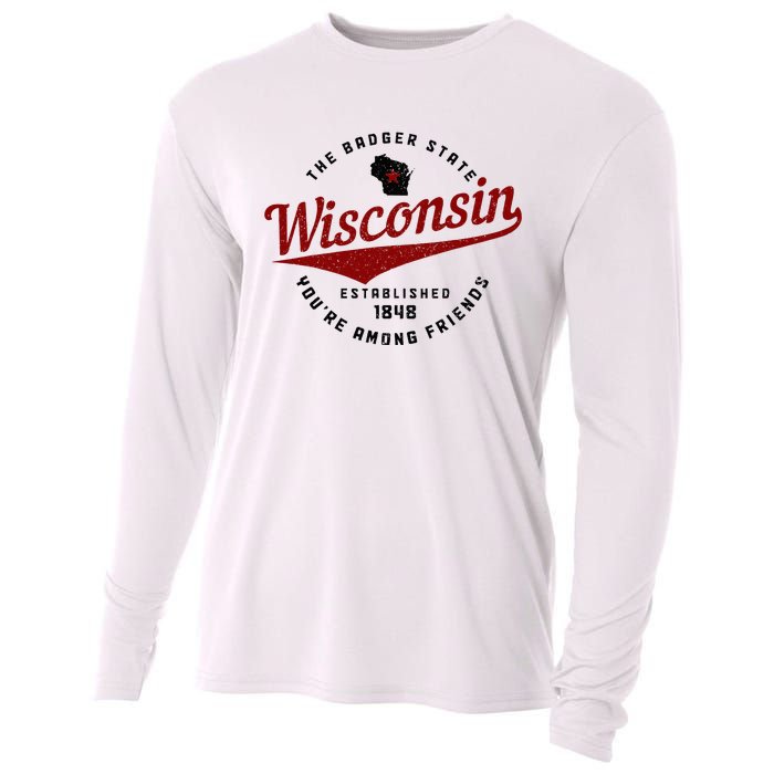 Wisconsin Est. 1848 Badger State Map Pride Vintage Cooling Performance Long Sleeve Crew