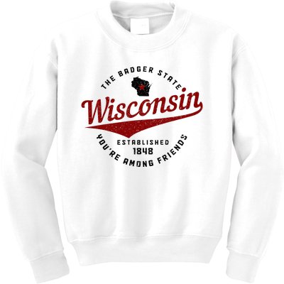 Wisconsin Est. 1848 Badger State Map Pride Vintage Kids Sweatshirt