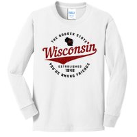 Wisconsin Est. 1848 Badger State Map Pride Vintage Kids Long Sleeve Shirt