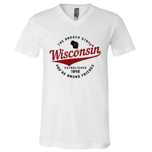 Wisconsin Est. 1848 Badger State Map Pride V-Neck T-Shirt