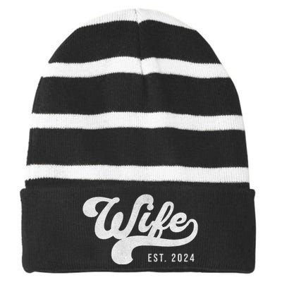 Wife Est. 2024 Married Couple Vintage Matching Wedding Striped Beanie with Solid Band