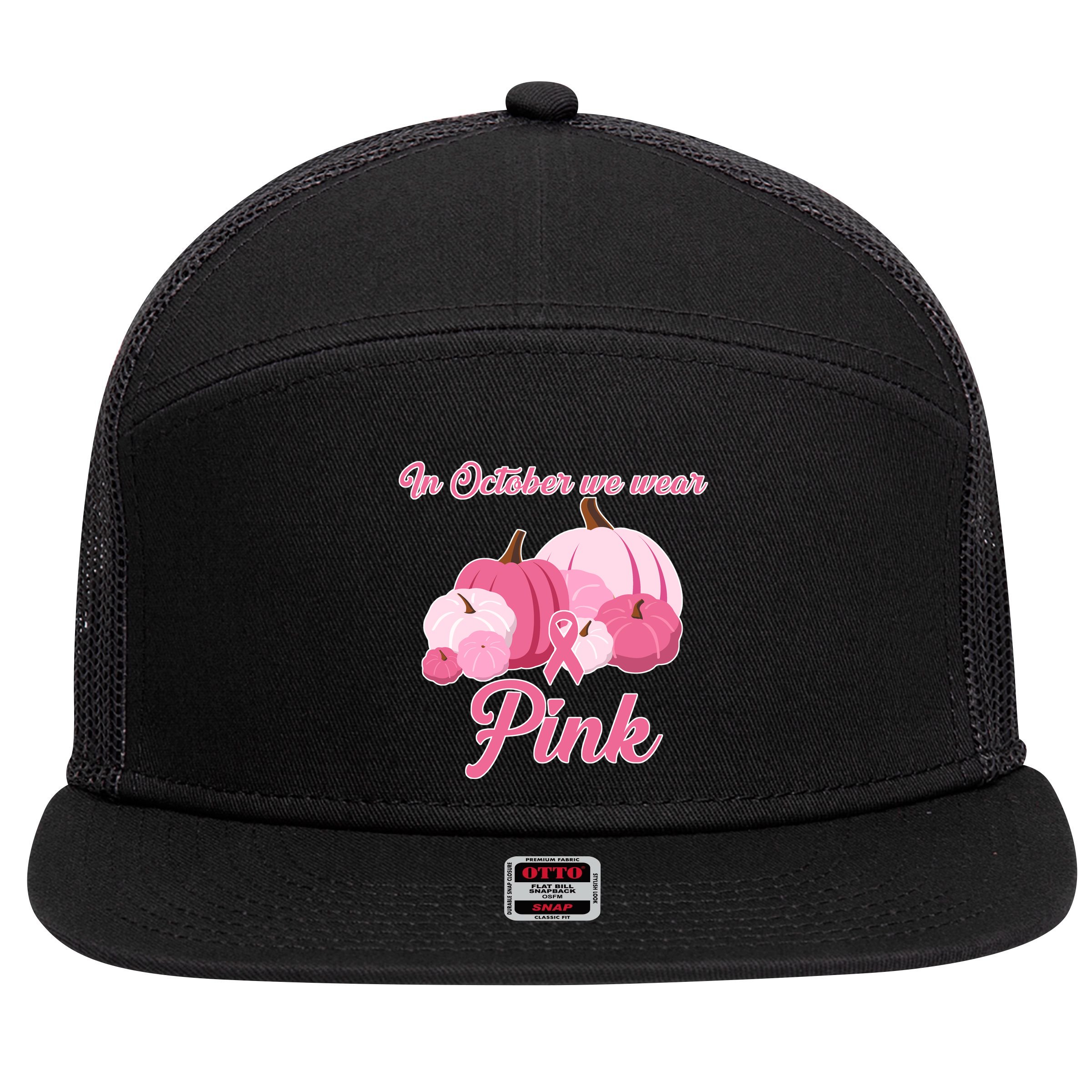 Wear Pin In October Breast Cancer Awareness Autumn 7 Panel Mesh Trucker Snapback Hat