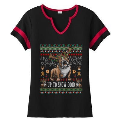 White English Bulldog Dog Reindeer Up To Snow Good Christmas Great Gift Ladies Halftime Notch Neck Tee