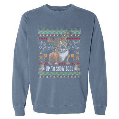 White English Bulldog Dog Reindeer Up To Snow Good Christmas Great Gift Garment-Dyed Sweatshirt