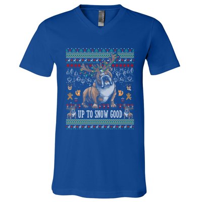 White English Bulldog Dog Reindeer Up To Snow Good Christmas Great Gift V-Neck T-Shirt