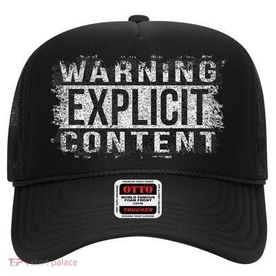 Warning Explicit Content Distressed Look High Crown Mesh Back Trucker Hat