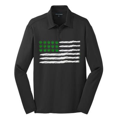 Weed American Flag Silk Touch Performance Long Sleeve Polo