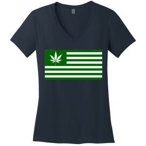 Weed Green America Flag Women's V-Neck T-Shirt