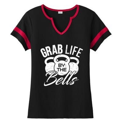 Workout Exercise Gym Grab Life By The Bells Funny Gift Ladies Halftime Notch Neck Tee