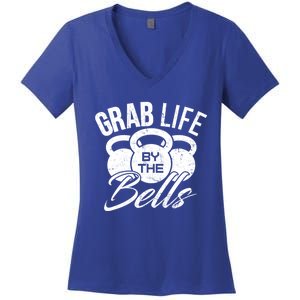 Workout Exercise Gym Grab Life By The Bells Funny Gift Women's V-Neck T-Shirt