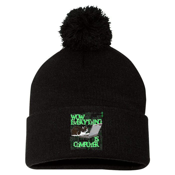 Wow Everything Is Computer Cat Pom Pom 12in Knit Beanie