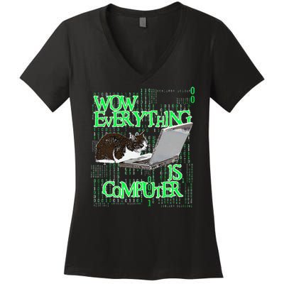 Wow Everything Is Computer Cat Women's V-Neck T-Shirt