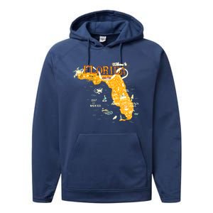 Welcome To Florida Cool Tourist Map Performance Fleece Hoodie