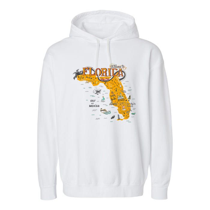 Welcome To Florida Cool Tourist Map Garment-Dyed Fleece Hoodie