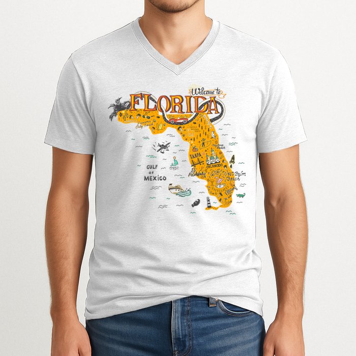 Welcome To Florida Cool Tourist Map V-Neck T-Shirt