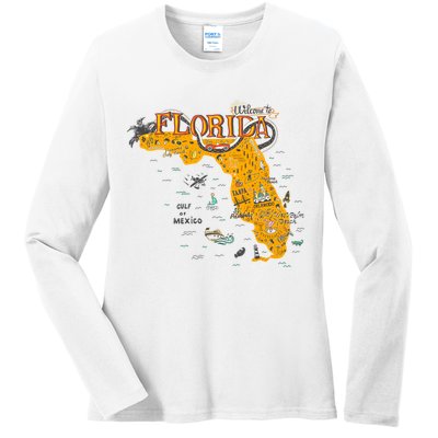 Welcome To Florida Cool Tourist Map Ladies Long Sleeve Shirt