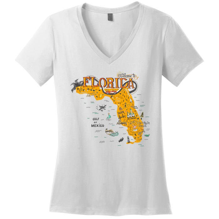 Welcome To Florida Cool Tourist Map Women's V-Neck T-Shirt