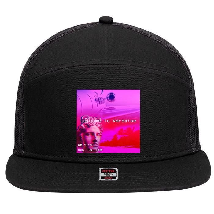 Welcome To Paradise Vaporwave 7 Panel Mesh Trucker Snapback Hat