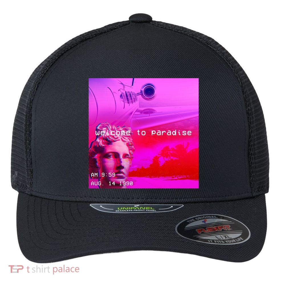 Welcome To Paradise Vaporwave Flexfit Unipanel Trucker Cap