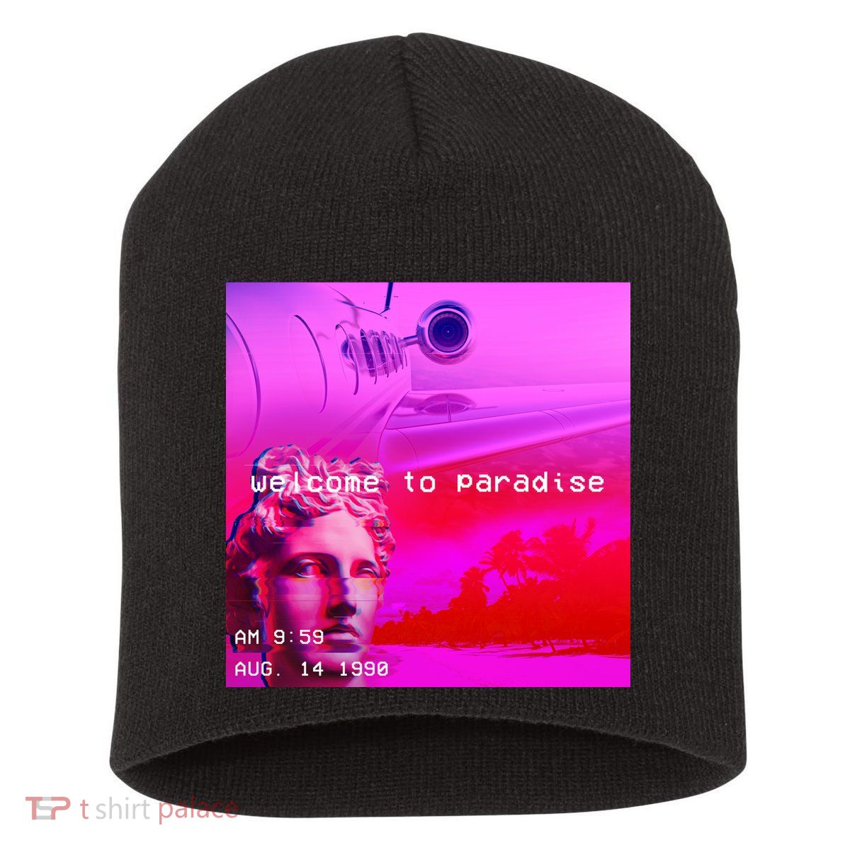 Welcome To Paradise Vaporwave Short Acrylic Beanie