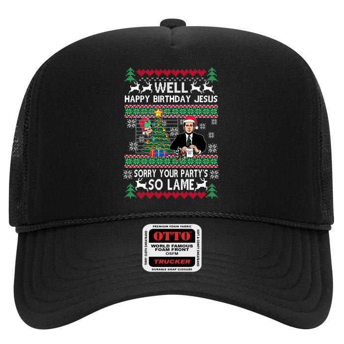 Well Happy Birthday Jesus Funny Quote Office Ugly Christmas High Crown Mesh Back Trucker Hat