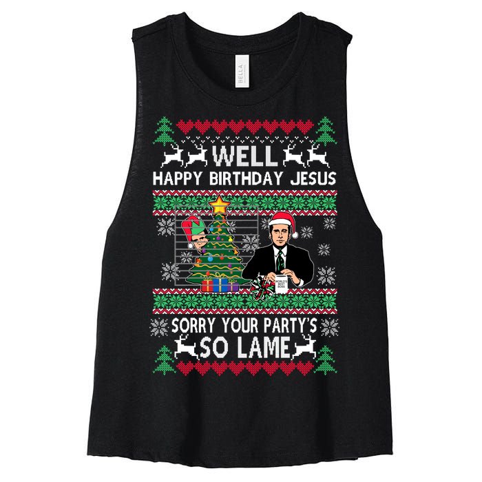 Well Happy Birthday Jesus Funny Quote Office Ugly Christmas Women's Racerback Cropped Tank