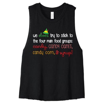 We Elves Try To Stick To Four Main Food Groups Women's Racerback Cropped Tank